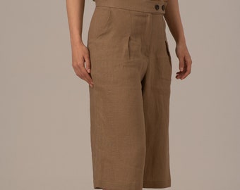 Leinen-Gaucho-Stil Hose, kurze entspannte Midi Culottes, natürliche Leinen Beige Sommerhose, Designer-Knöpfe & Reißverschluss Bequeme Hose für Damen