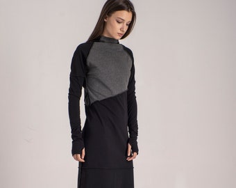 Color Block Half-Turtleneck Goth Dress, Casual Gray-Black Dress, Winter Avantgarde Dress, Modern Maxi Day Dress, Fall Steampunk Dress