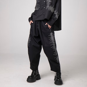 Handmade Embroidery Japanese Inspired Baggy Pants, Cropped Black Trousers, Loose Fit Cotton Gathered Gaucho Pants, Ladies Culottes Pants