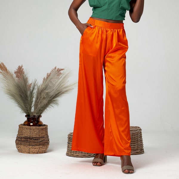 NOUVEAU EN MAGASIN Orange Satin Wide Leg Summer Pants, Soft Touch Waistband Pants, Flatter Beach Pants for Ladies, Evening Cocktail Pants