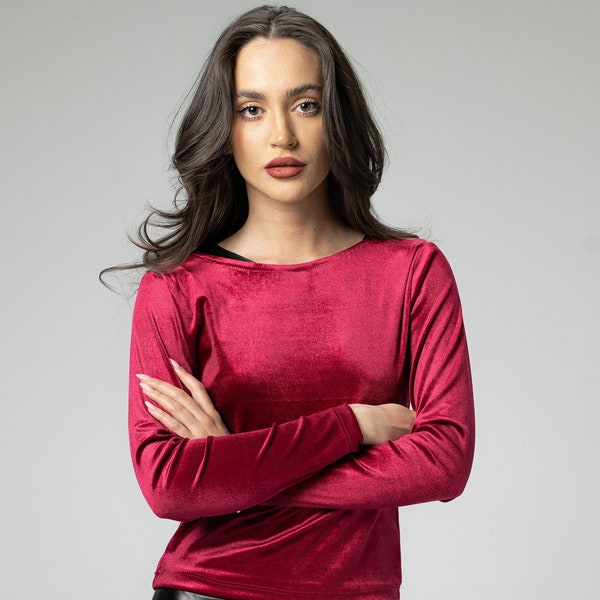 Sour Cherry Red Velvet Crop Top, Simple Textured & Soft Blouse, Basics Capsule Wardrobe Top, Minimal Loose-Fitting Short Blouse for Ladies