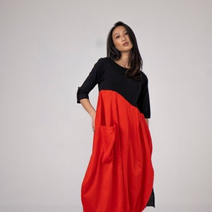 New Cotton Balloon Silhouette Midi Dress, Cutout Dress, Red Dress, Casual Style, Flare Dress, Jersey Dress, Japanese style Dress, Streetwear