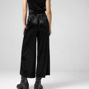 Cocktail Culotte Pants, Black Gothic Velvet Pants, 80s Inspired Retro Wide-Led Trousers, Ladies Evening Pants, Flowy Pants with Pockets