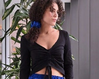 NEW Black Crop Top with Ties, Gathered Front Part Cotton Top, Sexy Bustier Top Suitable for High-Rise Pants, Modern Evening Short Blouse