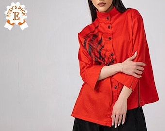 Chemise peinte à la main, chemise à col avant-gardiste, chemise d'artiste japonais, haut à épaules tombantes, haut fait main, chemise urbaine printemps-été