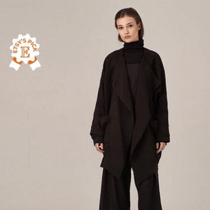 Veste tendance minimaliste japonaise, manteau kimono en coton, manteau léger noir moderne, manteau kimono de style vintage, veste blazer de créateur