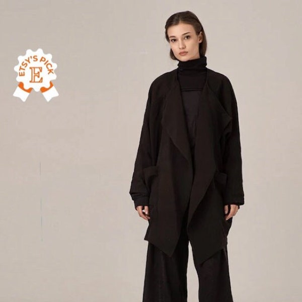 Veste tendance minimaliste japonaise, manteau kimono en coton, manteau léger noir moderne, manteau kimono de style vintage, veste blazer de créateur