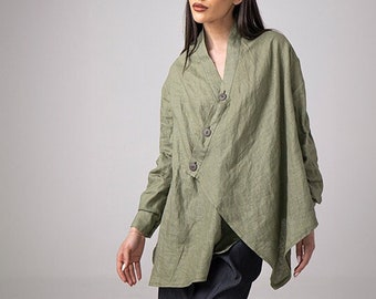 Asymmetric Linen Tunic Top, Kimono Style, Button Up Shirt
