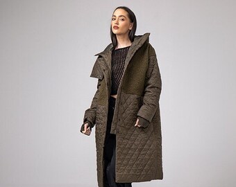 Chaqueta unisex verde de bouclé con capucha acolchada, parka de cuello alto de invierno, abrigo largo con capucha extragrande, parka impermeable cálida maxi.