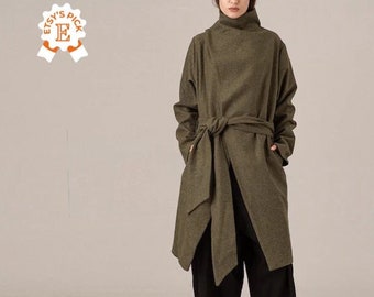 Pardessus en laine minimaliste avec ceinture, manteau cache-poussière vert, manteau en laine de style japonais, veste maxi vintage inspirée des années 1950, manteau blazer