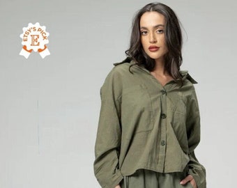 NEW COLLECTION Cotton or Linen Back Buttons Shirt Blouse for Summer, Minimalist High Neck Loose Style Blouse, Big Pockets Avantgarde Shirt