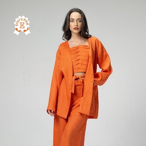 NOUVELLE COLLECTION Veste kimono orange en lin inspirée de la mode japonaise, peignoir de plage d&#39;été, cardigan d&#39;été avec fentes, cache-châle en lin