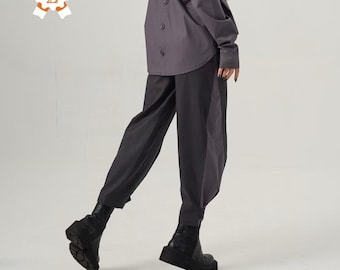 Tapered Pants with Side Leg Gore Details, Color Block Cotton Trousers, Maxi Ankle-Length Pants,Mid-Rise Statement Trousers, Wide Pants