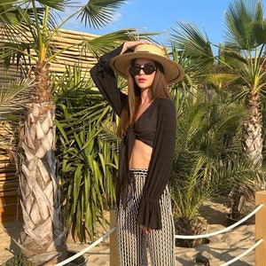 Summer Cocktail Outfit - Black Boho Crop Top & Bell Bottom Transparent Pants, Linen Set Women, Beach Pants Suit, Black Lace Suit for Summer