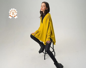 Winter Gathered Statement Sleeves Top, Mustard Yellow Cocktail Blouse, Oversize Asymmetric Loose Top, Voluminous A-Line Tunic Blouse