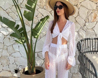 White Summer Beach 2-Piece Set, See Trough Women Outfit, Linen & Lace Clothing Set, High Waist Wide Leg Pants and Knot-Tie Crop Top