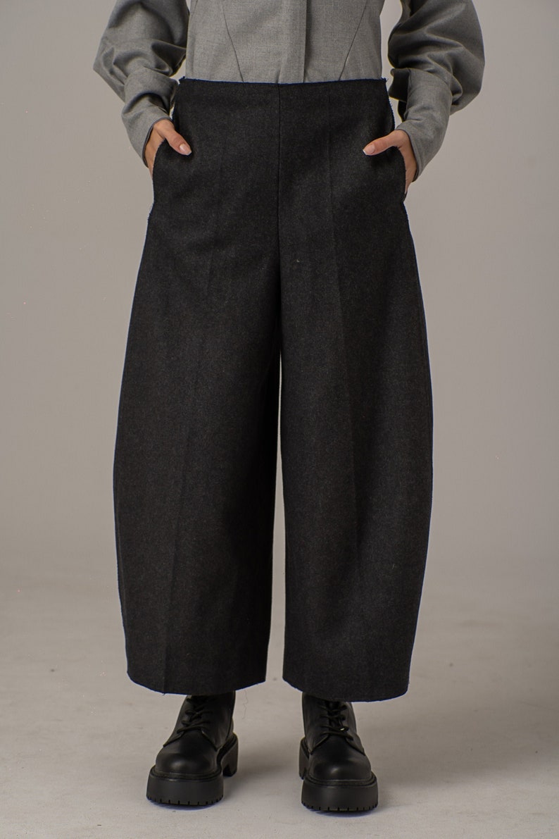 Wide Leg Wool Pants, Baggy Balloon Trousers, Japanese Style Pants, Cropped Culottes Pants, Winter Gaucho Pants,Oversized Barrel Leg Pants image 3