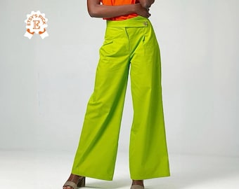 NEW Vibrant Wide Leg Cotton Pants, Palazzo Pants with Asymmetric Waistband Closure, Fresh Summer Neon Green Pants, Flattering Relaxed Pants