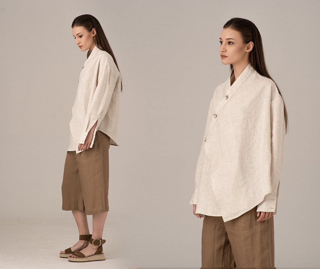 Asymmetric Linen Wrap Top, High Neck Button up Shirt With Slits