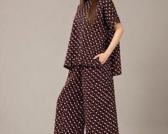 Abstract Print Viscose Cotton Set | Oversized Flared Tunic | Wide Leg Pants | Matching Two Piece Outfit | Handmade