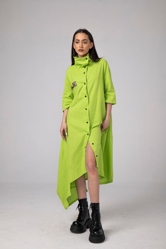 Linen Balloon Asimetric Maxi Dress, Cutout Dress, Electric Green Casual Dress, Flare High Collar Dress, Snap Buttons Dress, Asymetric Shirt