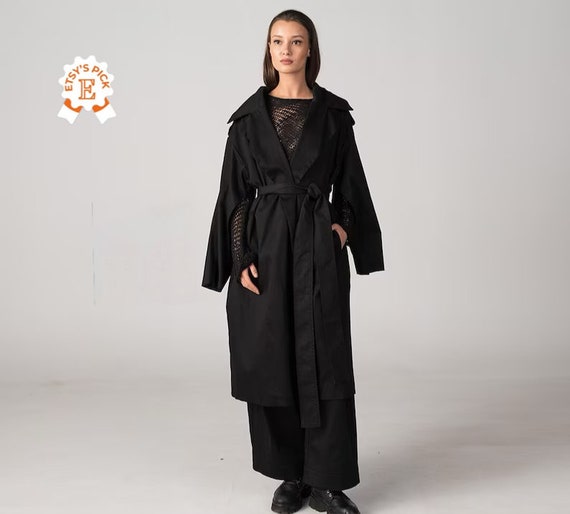 Japanese Cut-outs Trench Coat, Unique Cotton Overcoat, Maxi