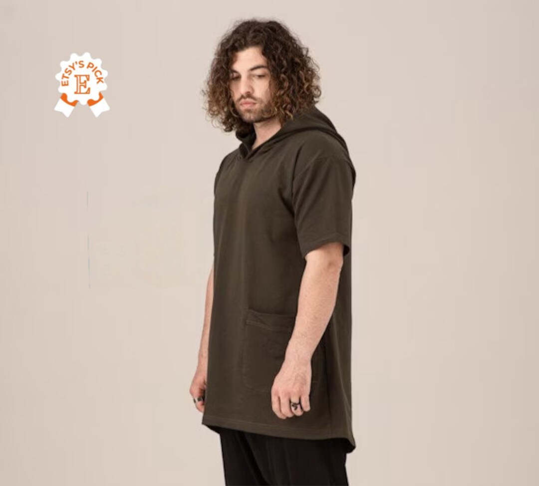 Felpa con cappuccio a maniche corte, T-shirt in cotone da uomo