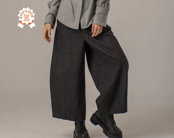 Wide Leg Wool Pants, Baggy Balloon Trousers, Japanese Style Pants, Cropped Culottes Pants, Winter Gaucho Pants,Oversized Barrel Leg Pants