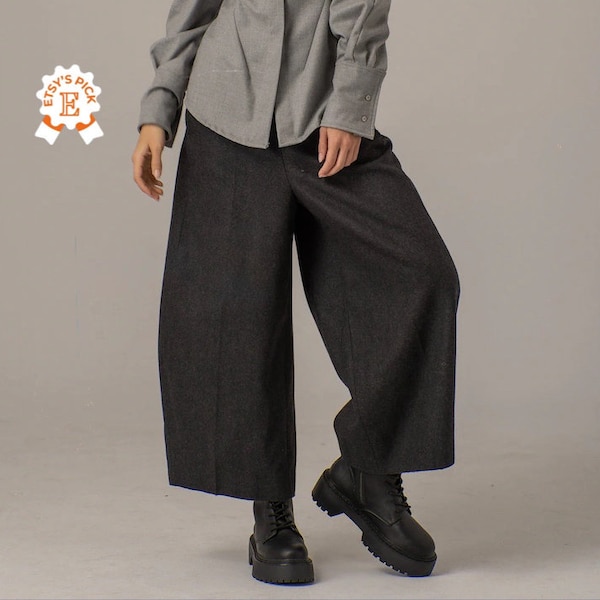 Wollhose mit weitem Bein, Baggy Ballonhose, Hose im japanischen Stil, Kurze Culottes-Hose, Winter-Gaucho-Hose, Übergroße Barrel-Beinhose