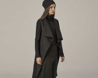 Draped Vintage Big Collar Wool Vest, Black Sleeveless Long Coat, Waterfall Cardigan Jacket, Open Front Winter Vest, Woolen Goth Vest
