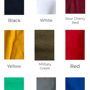 May include: Fabric swatches in nine different colors: black, white, sour cherry red, yellow, military green, red, vivid green, grey, and royal blue. The fabric composition is 95% cotton and 5% elastane.