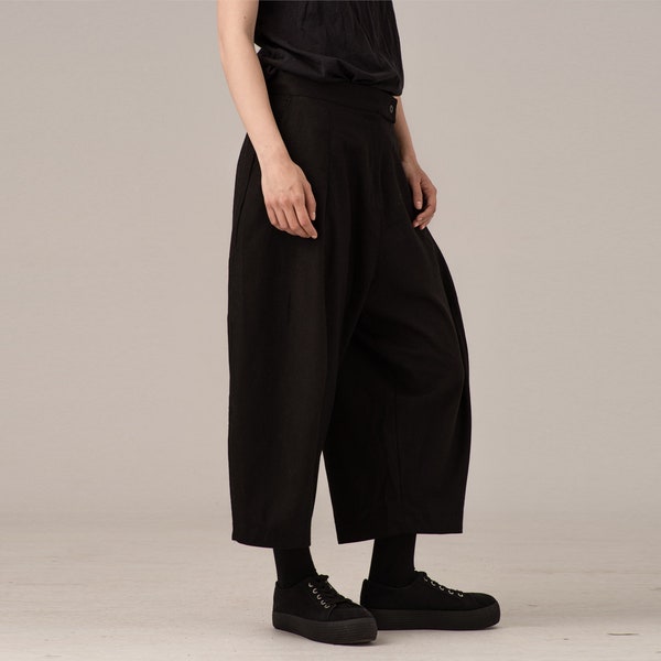 Wide Linen Cropped Culottes Pants, Black Summer Gaucho Pants, Structured Harem Style Steampunk Pants, Minimalist Zipper Balloon Pants