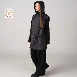 Quilted Puffer Coat with Cotton Sleeves, Gothic Style Hooded Winter Overcoat, Steampunk Clothing, Minimalist Asymmetric Puffer with Hood