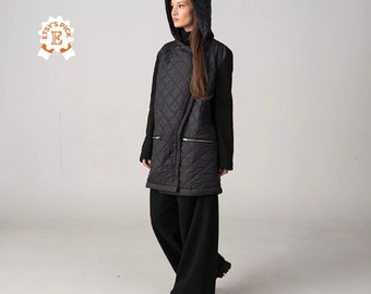 Abrigo acolchado con mangas de algodón, abrigo de invierno con capucha estilo gótico, ropa steampunk, abrigo asimétrico minimalista con capucha.