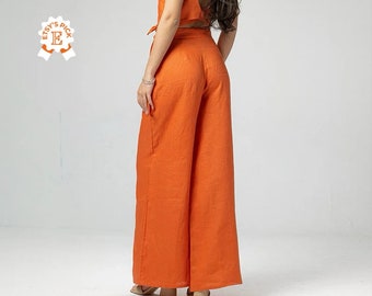 Orange Linen Wide Led Pants, Flared Palazzo Trousers, Lightweight Cocktail Pants, 1960s Style Linen Trousers, Feminine Pleated Maxi Pants