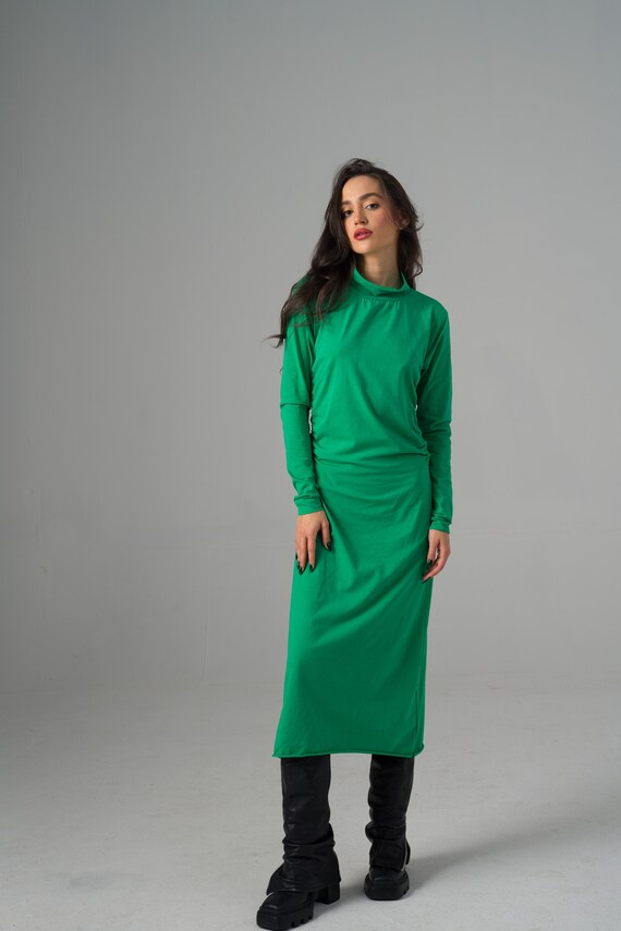 Extravagant Soft Knee-length Dress, Loose Straight Dress, Festive Bright Green  Dress, Draped Winter Maxi Dress, Cotton Dress With Mock Neck - Etsy