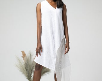 Flowy Asymmetric Linen Tunic Dress, Lightweight Summer Extravagant Dress with Slit & Gore, Wedding Guest Linen Dress, Gusset Tunic Dress