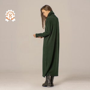 Vestido largo minimalista de lana para invierno, vestido de punto holgado, vestido verde ligero tipo jersey, vestido cálido de cuello alto, vestido festivo estilo años 50