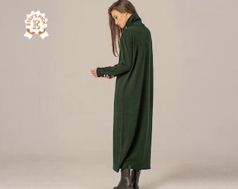 Vestido largo minimalista de lana para invierno, vestido holgado de punto tipo suéter, vestido verde ligero tipo jersey, vestido cálido de cuello alto, vestido festivo estilo años 50.
