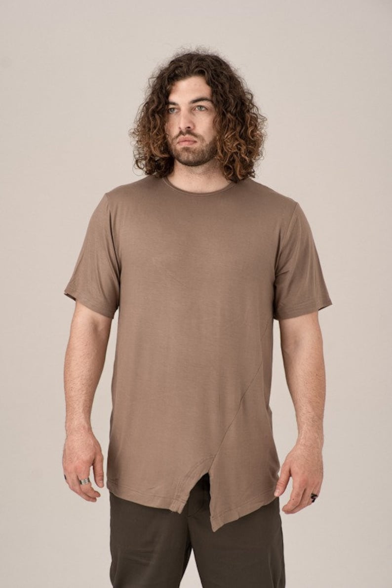 アシンメトリーTシャツ、メンズコットンシャツ、プラスサイズ服、ゆったりシャツ、半袖シャツ、メンズ服、サマーTシャツ、ストリートウェア 画像 1