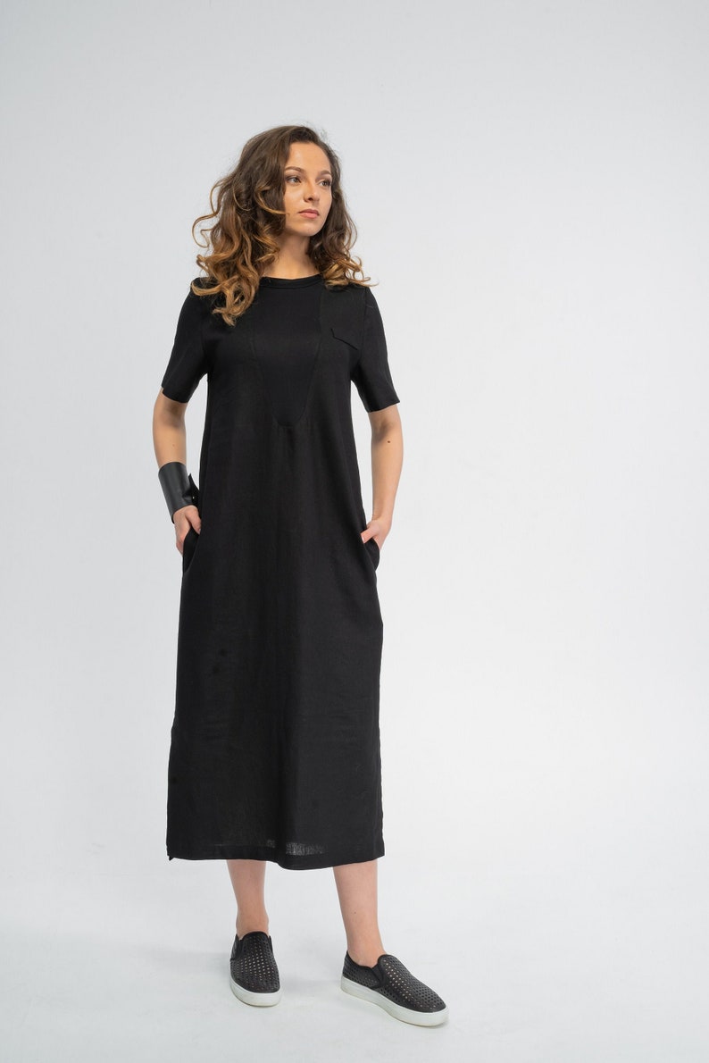 Robe dinvité de mariage, robe midi droite, robe longue noire, robe de fête en lin, robe chemise boho, robe taille plus, robe dété décontractée image 2