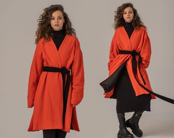 Orange Wool Coat, Minimal Belted Jacket, Kimono Style Coat Dress, Winter Oversized Jacket, Robe Coat with Open Front, Side Slits & Long Belt
