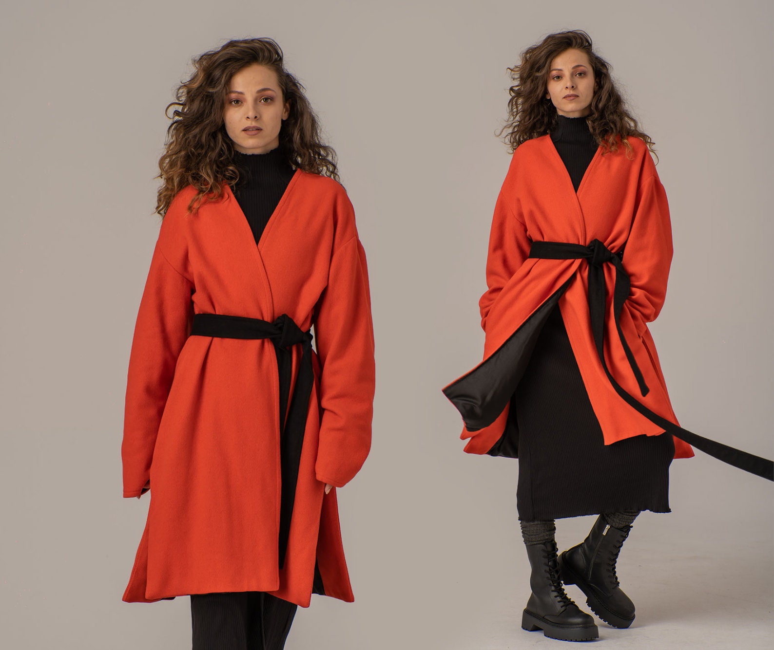 Manteau en laine orange veste ceinturee minimale robe manteau de style kimono veste d hiver surdimensionnee manteau long ouvert sur le devant fentes laterales et longue ceinture Etsy France