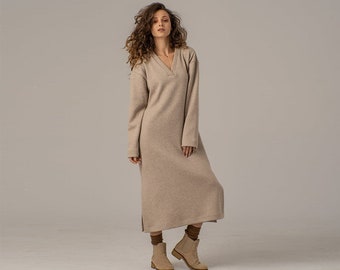 Wool Maxi Sweater Dress, Oversized Long Beige Tunic Dress, Winter Loose Knit Dress, Warm Tunic A-Line Dress, Minimalist Drop Shoulder Dress