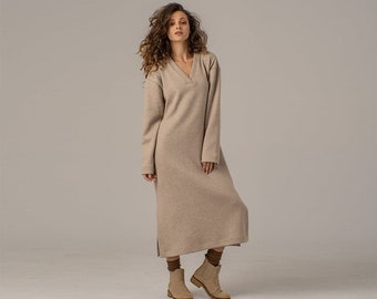 Wolle Maxi Pullover Kleid, Oversized Lange Beige Tunika Kleid, Winter Lose Strickkleid, Warme Tunika A-Linie Kleid, Minimalist Drop Schulter Kleid