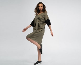 Minimal Dress, Baggy Dress, 100% Cotton Dress, Military Green Dress, Summer Long Dress, A-Line Dress, Modern Casual Dress, V-Neck Dress