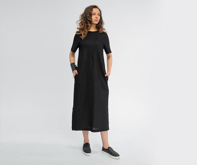 Robe dinvité de mariage, robe midi droite, robe longue noire, robe de fête en lin, robe chemise boho, robe taille plus, robe dété décontractée Noir