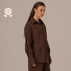 70s Inspired Chocolate Brown Button Up Linen Shirt, Tailored Made Summer Tunic, Vintage Style Blouse Top, Japanese Clothing for Ladies