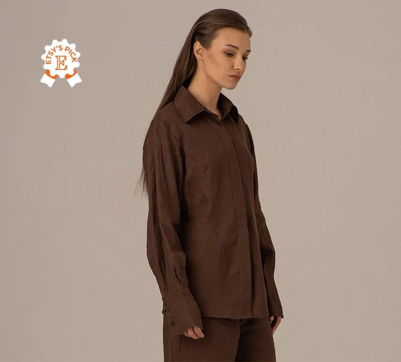 トップス vintage nylon dark brown shirt blouse 90's Vintage Dark Brown Ladies Silk Shirt | Long Sleeve