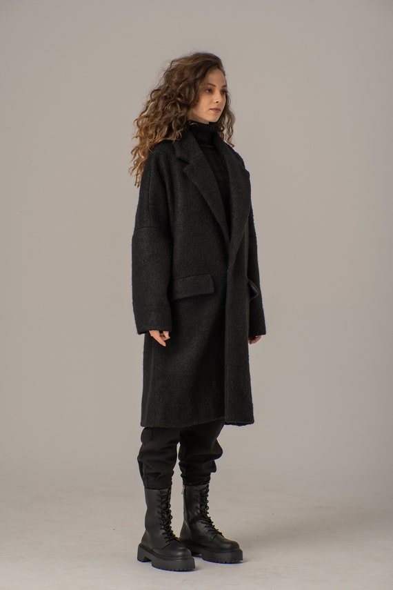 Wool Boucle Cocoon Coat Black Oversized Coat Black Bulky Wrap Coat Dropped Shoulder Overcoat Elegant Vintage Inspired Cozy Boucle Jacket Etsy
